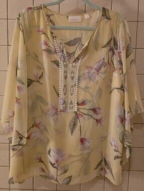 Belle by Kim Gravel Pale Yellow Floral Tunic with Pink Accents